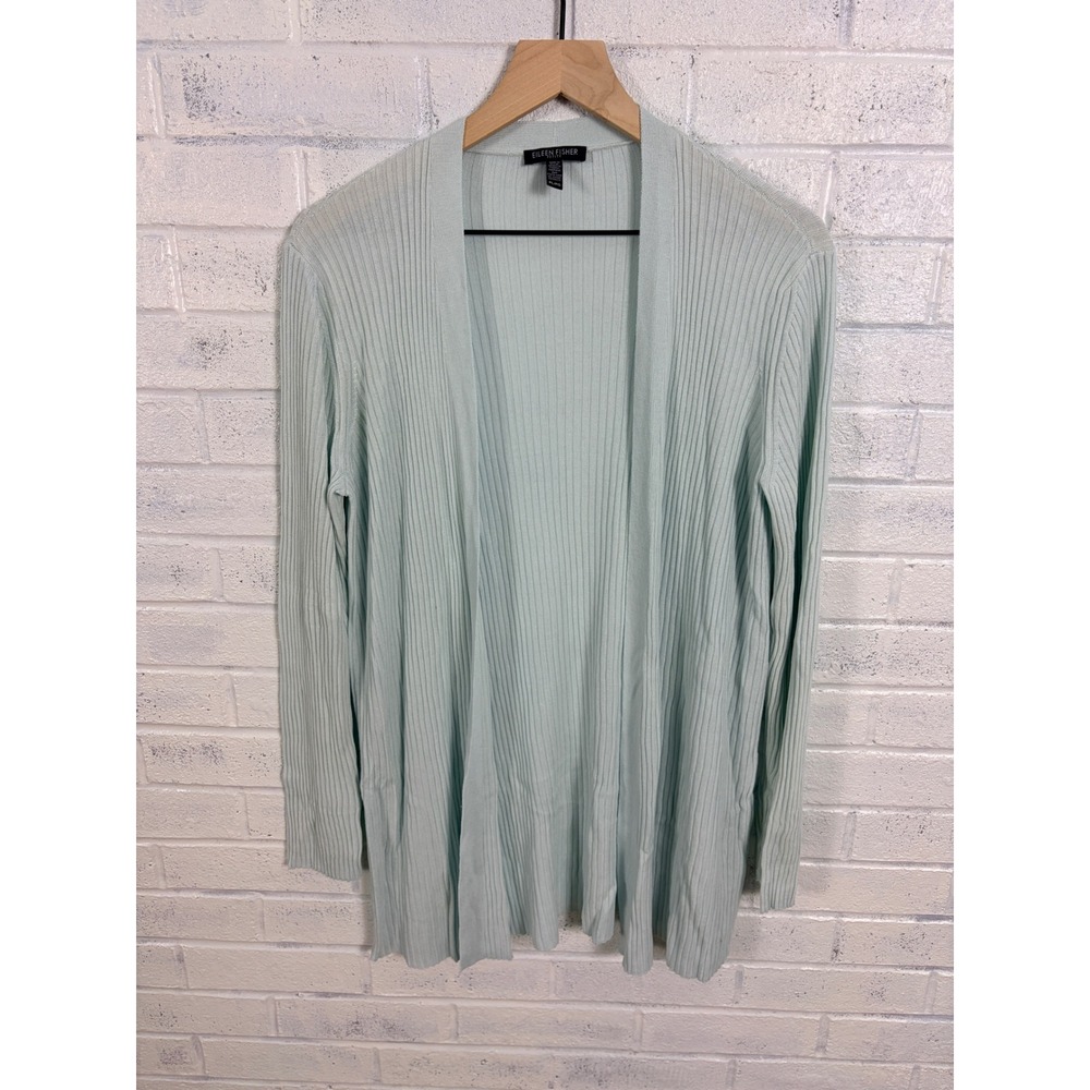 Eileen Fisher Cardigan Women PL Mint Green Ribbed Open Front Tencel Sweater